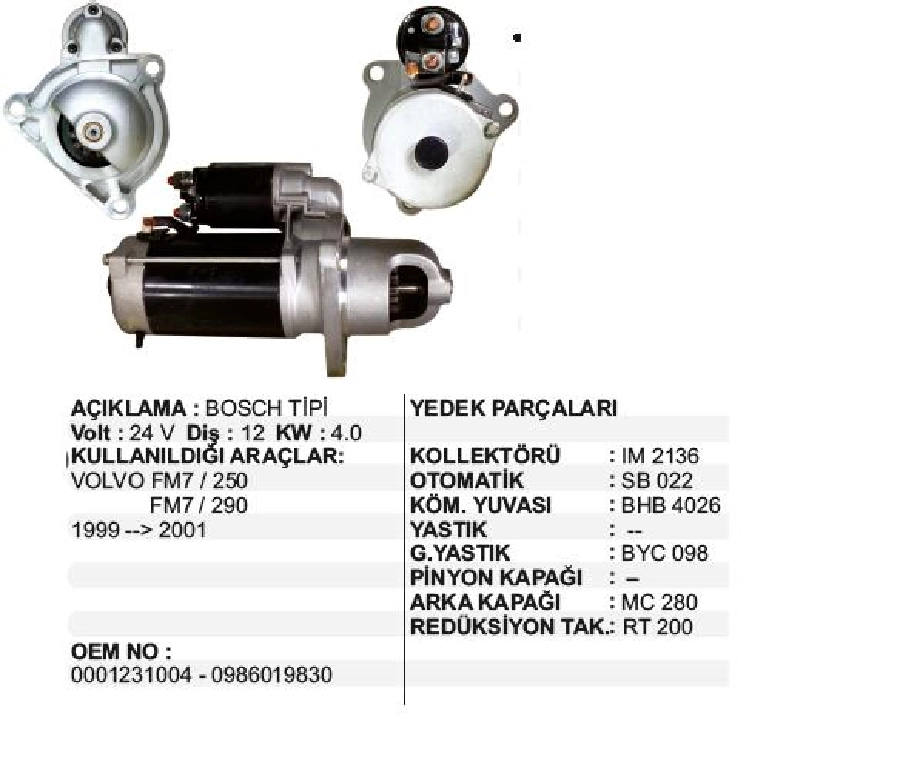 Marş Motoru 24V 12D 4,0 kW Bosch Tipi Volvo FM7-250-290 1999-2001 | OEM STR8060