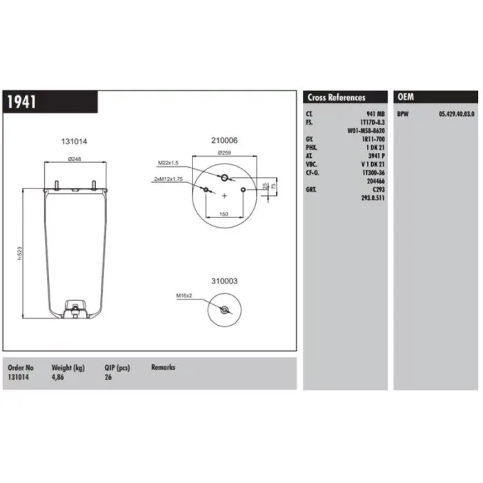Dingil Korugu (Pistonsuz) - Meritor / Schmitz / Bpw Dorse 30 (248X258X520-M12-M22X1.5) | CONNECT MD 1941 | OEM 0542940030 0542940281