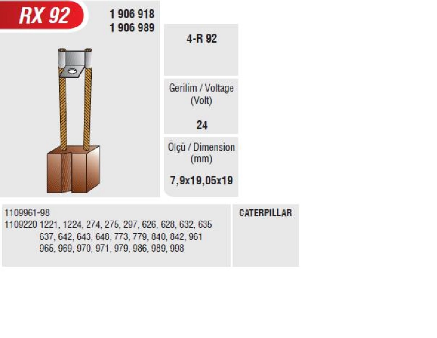 Marş Kömürü 24V 50 Mt Caterpillar İnce (D-8) Delco Tip (7,9X19,05X19) | OEM 05298