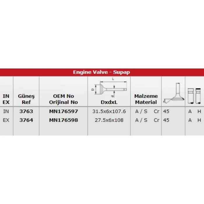 Subap Takimi Mitsubishi L200 Cr 2.5 Did 2006-2012 (16 Subap) (In 8 / Ex 8) | GUNES 3763-3764