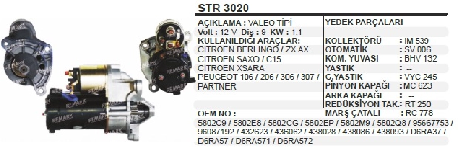 Marş Motoru 12V 1,1KW 9D Valeo Tipi PEUGEOT106- 206- 207 - 307 - Berlingo Partner Dizel Citroen C3 | OEM STR3020