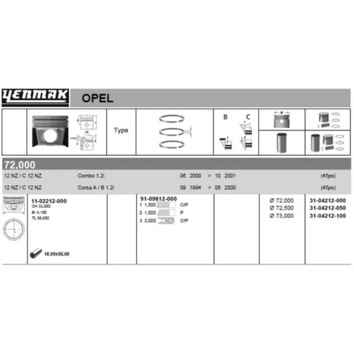 Motor Piston+Segman Komple 0,50 (72,5MM) Combo B Corsa B 12NZ C12NZ | YENMAK 31-04212-050 | OEM 623407