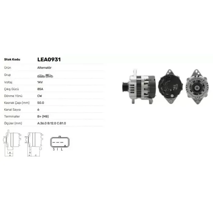 Alternator 12V 85A Chevrolet Lacetti Aveo Kalos Daewoo (Delcoremy Tipi) | LUCAS LEA0931 | OEM 96499043
