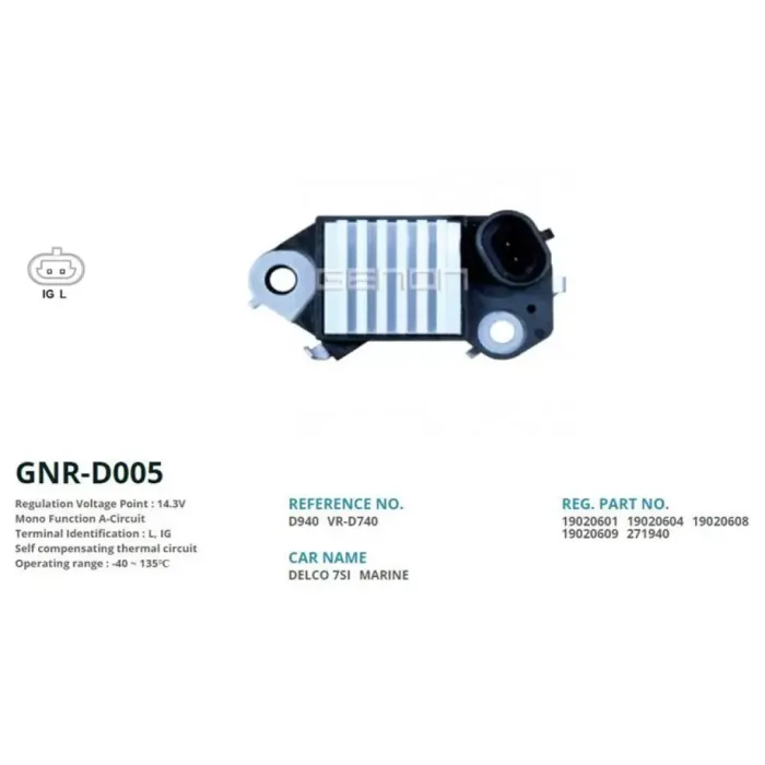 Alternator Konjektor Delco Tip 12V Daewoo / Ford Marine 70 Amp Alt. (L, Ig) | GENON GNR-D005 | OEM VR-D740 D940 19020601