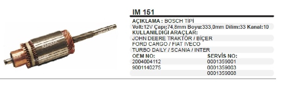 Marş Kollektörü 12V Bosch Tipi Tam Freze John Deere, Scania, Ford Cargo Steyr | OEM IM151