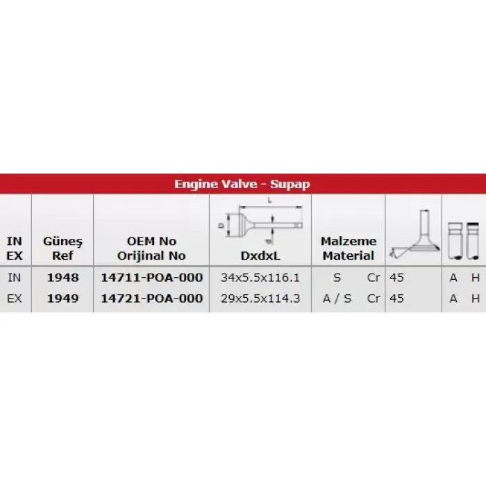 Subap Takimi Accord 2,0 / 2,2 (In 8 / Ex 8) | GUNES 1948-1949 | OEM 14711POA000 14721POA000