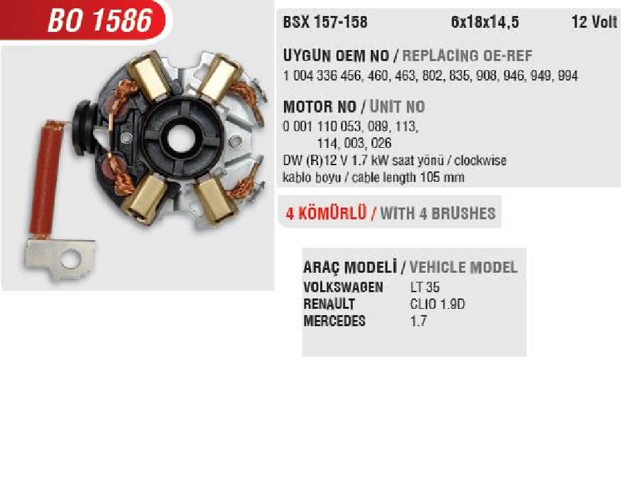Marş Kömür Yuvası Mitsubishi Carısma, Clio 1.6-Kangoo 1.9D-Megane 1.9D-Renault 19 1.8L-1.9D-Renault 21 1.7L-1.9L-Scen | OEM BO1586