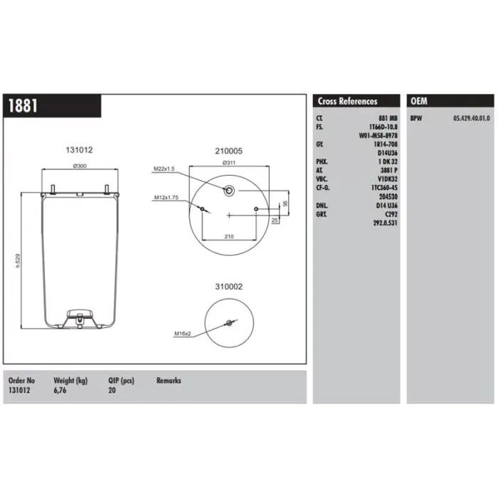Dingil Korugu (Pistonsuz) - Bpw / Dorse | CONNECT MD 1881 | OEM 881MB 0542940010 RML7992 2338883 750228