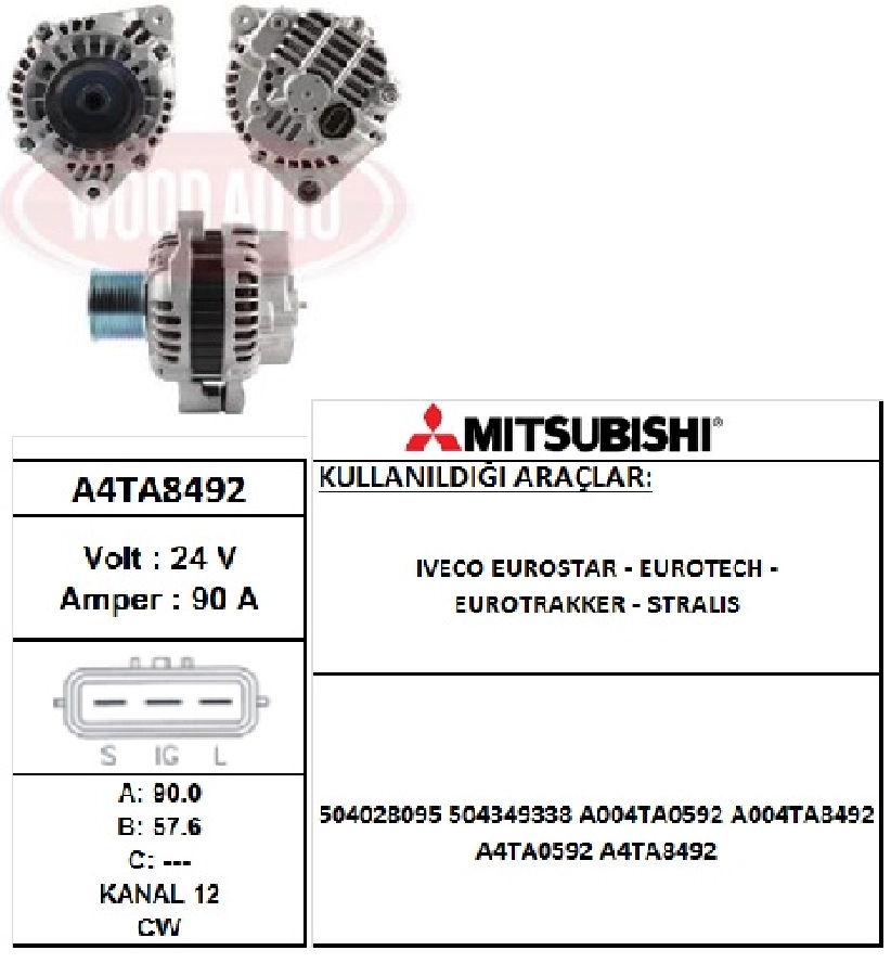 Alternatör 24V 100A Mitsubishi. Tipi Iveco Stralıs AS264S4 48, Ps E Tech Mp 190E 12 Kanallı Kasnak | OEM A4TA8492