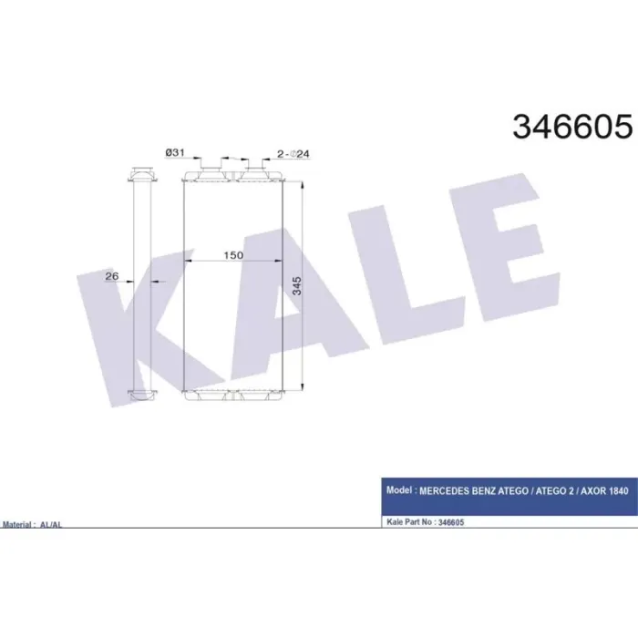 Kalorifer Radyatoru Atego 1517 1518 Axor 2523 2528 2004 Sonrasi | KALE 346605 | OEM A0008303420