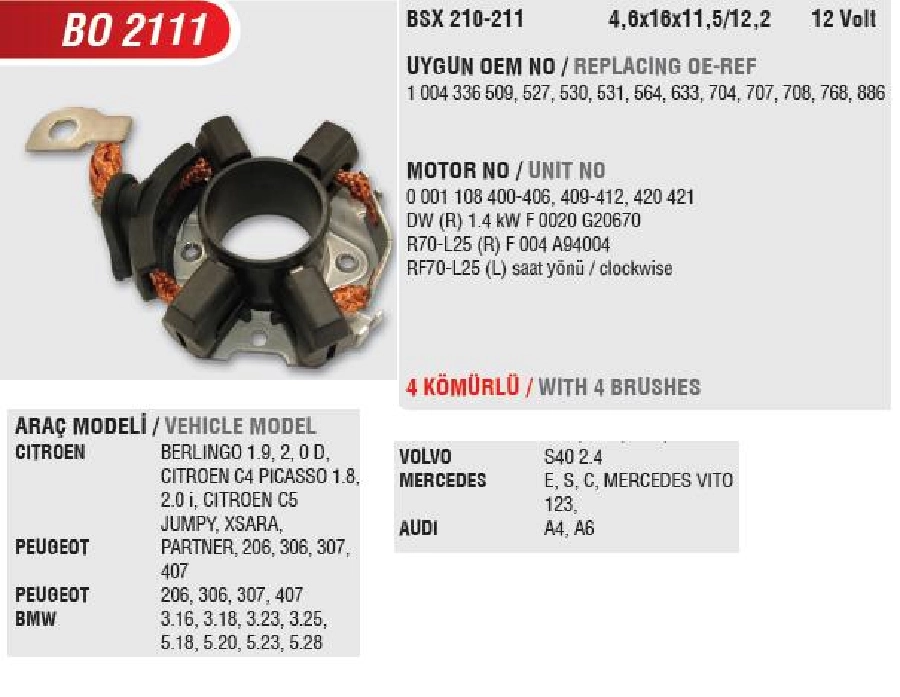 Marş Kömür Yuvası - 12V. Bosch Tipi Cıt Berlingo, Peugeot Partner ( BSX210, 211) C236867, 1004336565 (Uygun | OEM BO2111