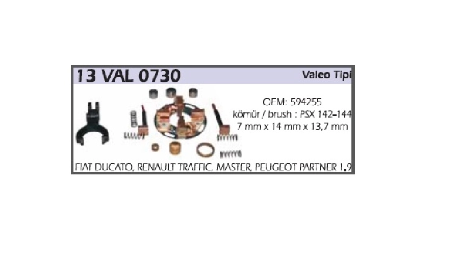 Marş Kömür Yuvası Valeo Tip Set - Tüm D7R Marşlar İçin Clio-Megane-Kango Yuva + Yay + 3 Rulman 3 Burç + Çatal | OEM 13VAL0730