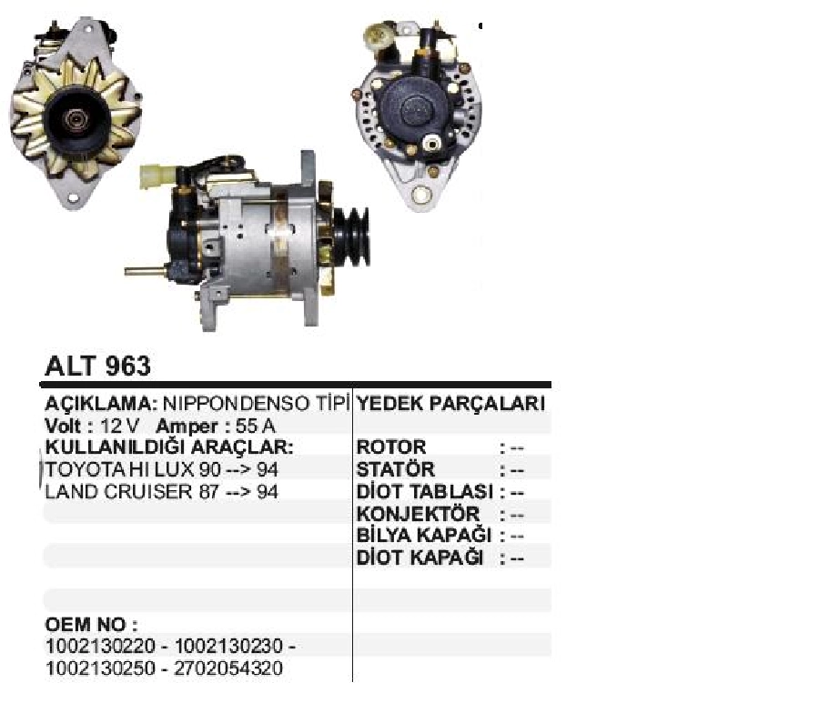 Alternatör 12V 55A N Denso Tipi Toyota Hilux 1990-1994, Landcruiser 1987-1994 Vakumlu, Geniş Ayak V Çiftli Kasna | OEM ALT963