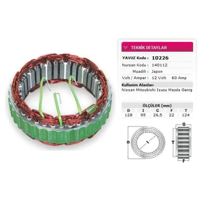 Stator Mitsubishi Tip 12V 60A Nissan Mitsubishi Isuzu Mazda Genis Nursan 140112 | YAVUZ 10 226