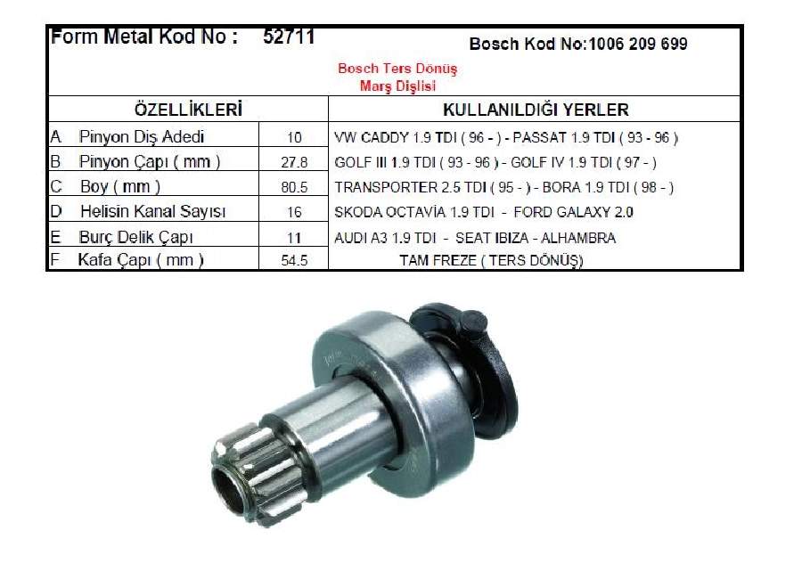 Marş Dişlisi 10D - Bosch Tipi CCW Ters Dönüş 16 VW Caddy-Golf-Passat, Octavia 1.9, Ford Galaxy, Audi A3 | OEM 52711