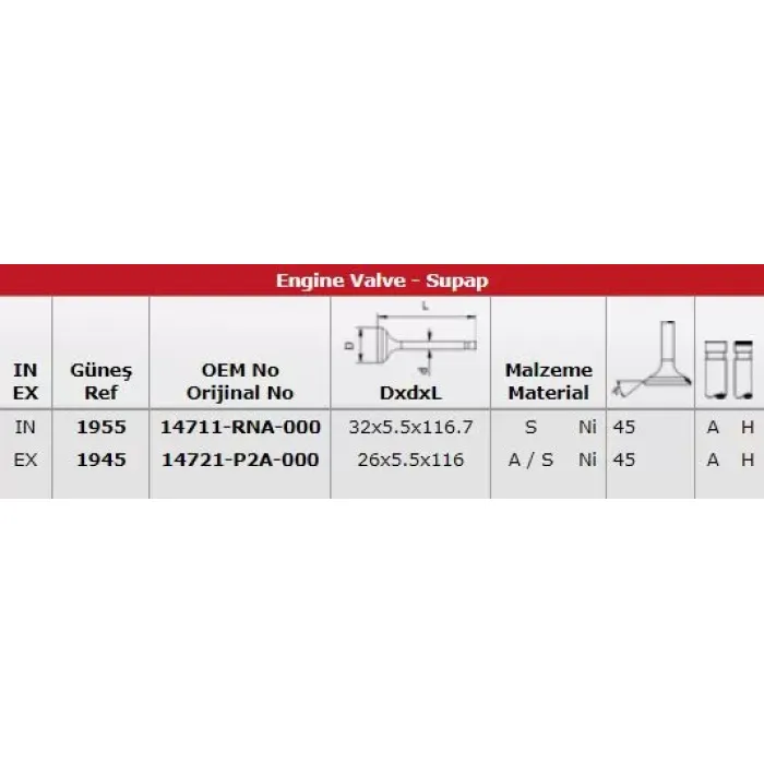 Subap Takimi Civic 1,4 16V (In 8 / Ex 8) | GUNES 1955-1945 | OEM 14711RNA000 14721P8000