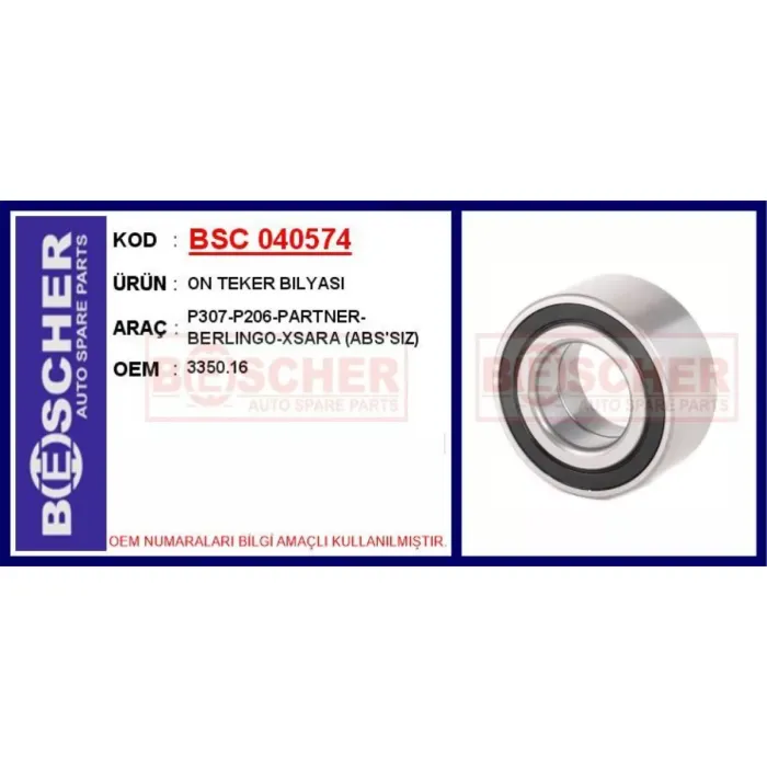 On Teker Rulmani P205 P206 Gti P306 P405 Partner Xsara Berlingo 1,4 1,6HDI 1,9D 2,0HDI Abssiz | BSC 040574 | OEM 3350.16