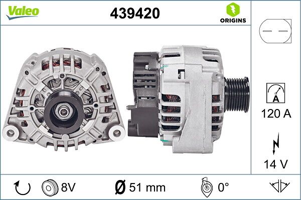 Alternator (14V 120A) C-Class W203 01>07 Slk-Class R170 01>04 | VALEO 439420 | OEM A1121540202