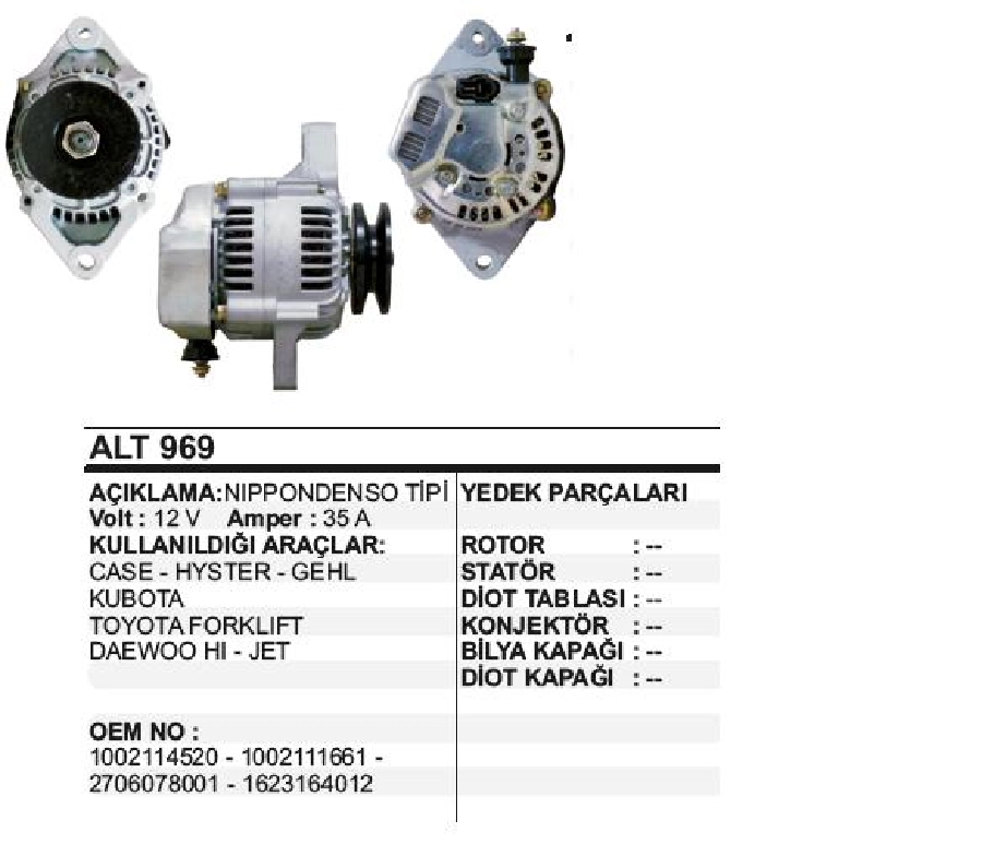 Alternatör 12V 35A N Denso Tipi Yanmar Marine John Deere Case, Hyster, Gehl, Kubota, Toyota Forklift, Daewoo H | OEM ALT969