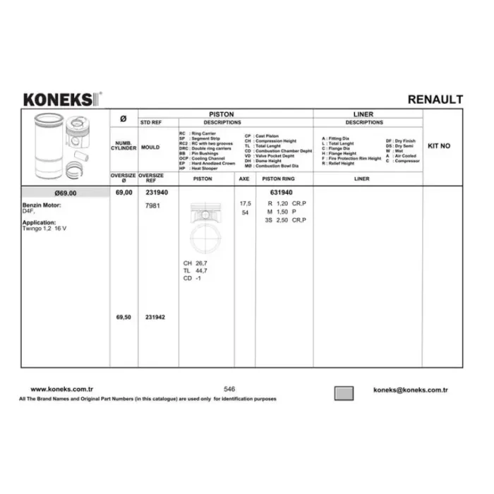 Piston Segman 69MM Std Twingo (D4F) - 1.2 16V | KONEKS 231940 | OEM YENMAK 4184-STD
