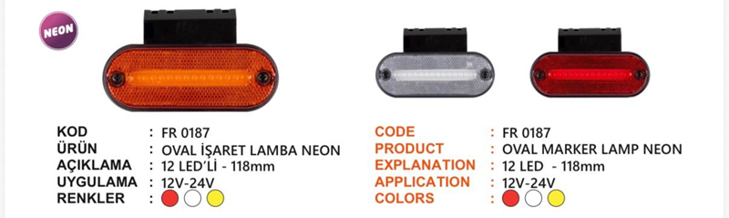 Fr Neon Yan İşraret Lamba Oval 12 Ledli Kırmızı 12-24 Volt Braketli