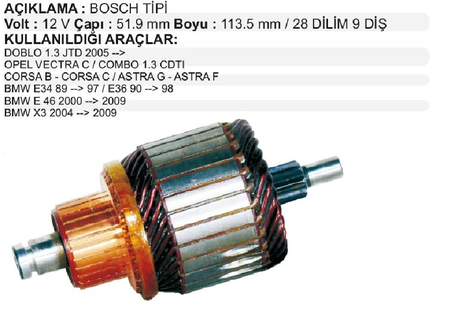 Marş Kollektörü Bosch Tip 12V Doblo 1.3 JTD (05 ) Opel Vectra C Combo 1.3 Ctdi Corsa B Corsa C Astra G As | OEM IM3142