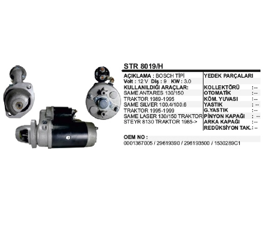 Marş Motoru - Bosch Tip 12V Same Isbora, Steyr 9 Dış | OEM STR8019H