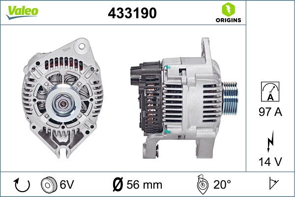 Alternator 12V 97A P605 Xm 2,0 3,0 Xsara P306 P405 P406 Expert Jumpy Xantia 1,8 8V 2,0 8V 2,0 16V < 99 Boxer Jumper DJ5 / DJ5T / DJ5TED Ducato 2,5D / 2,5T | VALEO 433190 | OEM 5705E7 5705E7 5705FR 5705G5 5705FR 5705G5