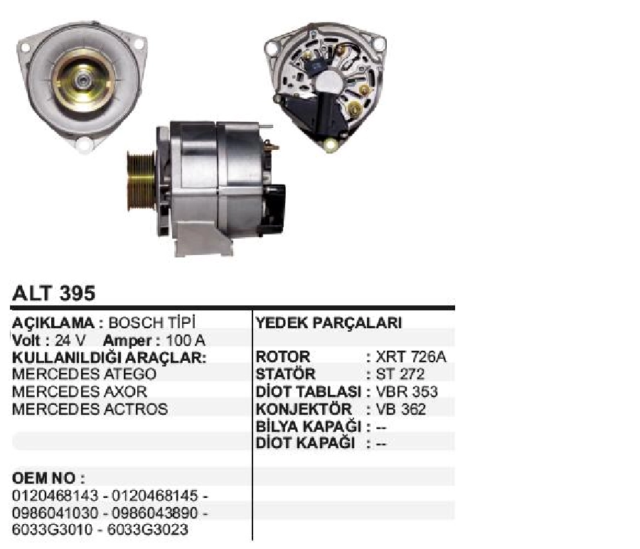 Alternatör 24V 100A Bosch Tipi Volvo Atego Axor Actros 9 Kanallı Kasnak | OEM ALT395