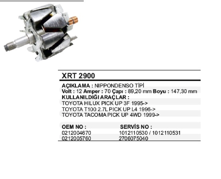 Rotor 12V 70A Toyota Hilux Pıkap 3F | OEM XRT2900