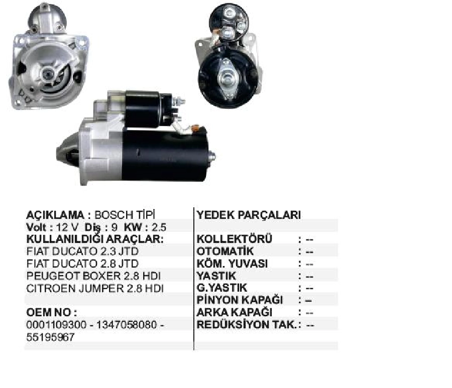 Marş Motoru 12V 9D 2,5 kW Bosch Tip Ducato, Jumper, Boxer 2,3-2,8 JTD 2002 ve sonrası | OEM STR5174