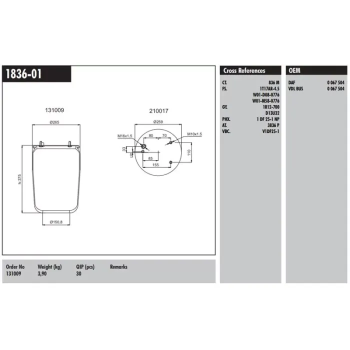 Dingil Korugu Pistonsuz DAF CF65 CF75 CF85 98>13 XF95 97>06 LF45-LF55 01> XF105 05> XF 12> | CONNECT MD 1836-01 | OEM 0067504 MLF7017