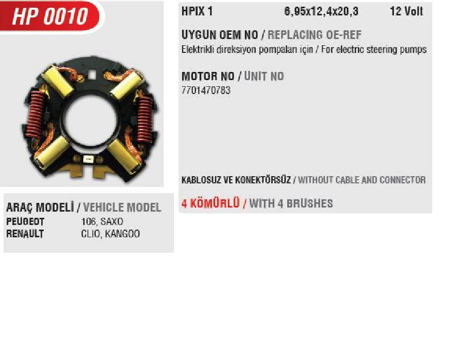 Direksiyon Mot Kömür Yuvası Kablosuz - Renault Grubu Peugeot 106 Citroen Saxo (Uygun Kömür:HPIX3) | OEM HP0010