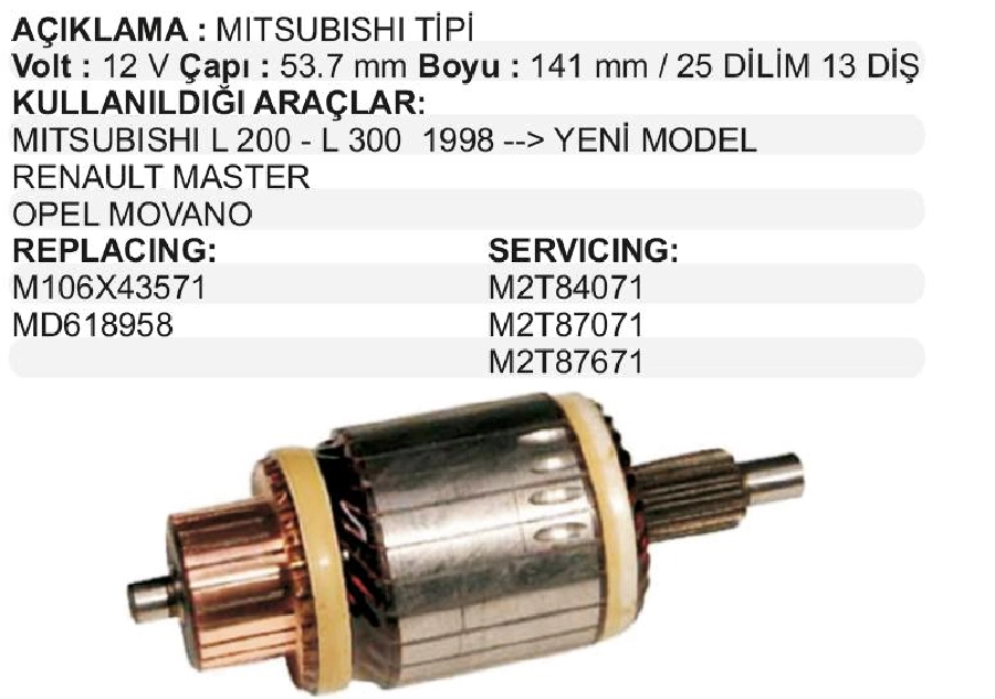 Marş Kollektörü Mitsubishi Tip 12V Mitsubishi L 200-300 Yeni Model Renault Master Opel Movano 25 Dilim 13 Diş Ça | OEM IM3079