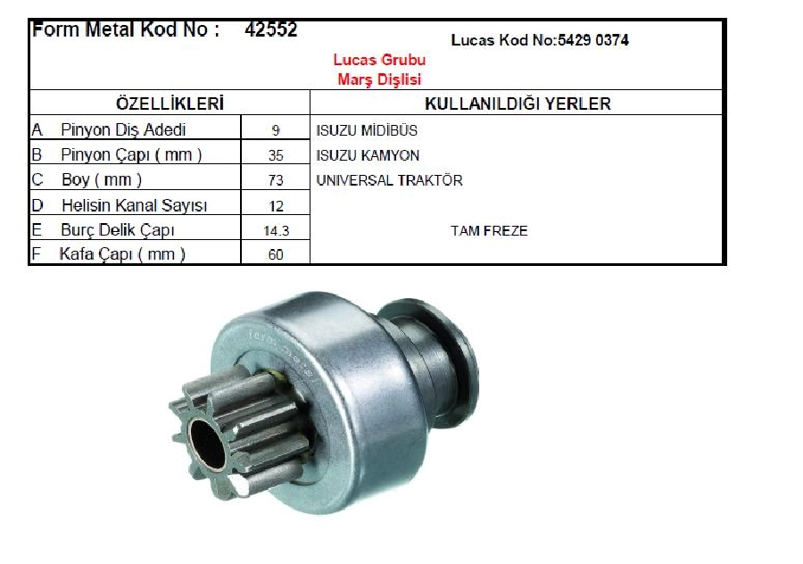 Marş Dişlisi Lucas Tip 9D - Isuzu, Fiat Romanıa 445 Dt, Sm, Sv, V, 550,550DT Üniversal | OEM 42552