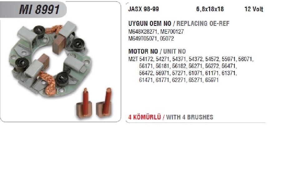 Marş Kömür Yuvası 12V - Mitsubishi L300, Hyundai H100 Minibüs Mega Star 4 Kömürlü (Uygun Kömür:JASX98, 99CU) | OEM MI8991CU