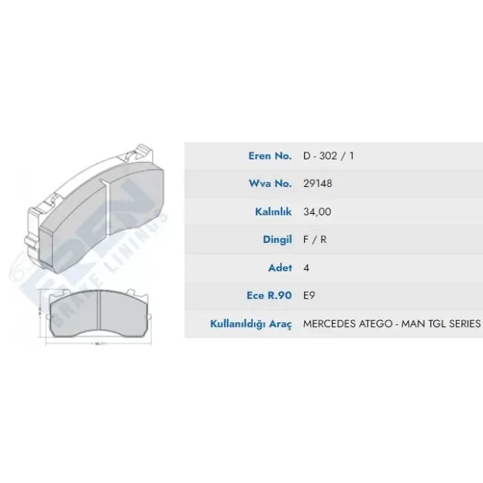 Fren Balatasi Ön Arka MAN Tgl,Tgm 12.180 - Sultan Mercedes Atego Y.M (Yesil Kutu Otobüs Icin) | EREN YERN-D.302/1 M201 | OEM 29148 81508206054 0084206520