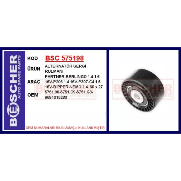Alternator Gergi Rulmani P206 Partner Berlingo Nemo Xsara 1.4 / 1.4 16V / 1.6 16V Olcu: (10×60×27) | BSC 575198 | OEM 5751.98 5751.98 5751.C9 5751.G3 9684015280 5751.C9 5751.G3 9684015280