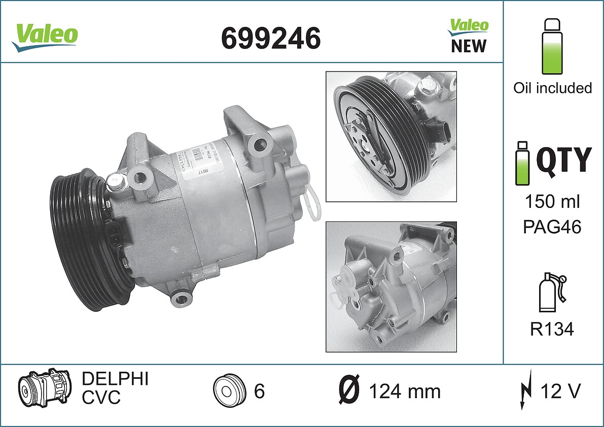 Klima Kompresoru Qashqai 1,5 DCI 2007> Almera 2003> Megane III 1,4 16V 1,6 16V Megane II Scenic II Grand Scenic 1,5 DCI | VALEO 699246 | OEM 8200050141 8200050141 8200316164 8200316164