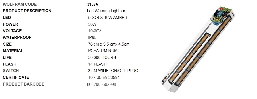 Neon LED İkaz Işığı 14 Fonksiyon E Belgeli 76CM 12, 24V 50W E9 ( 5 COB 10W Amber ) | OEM 31376