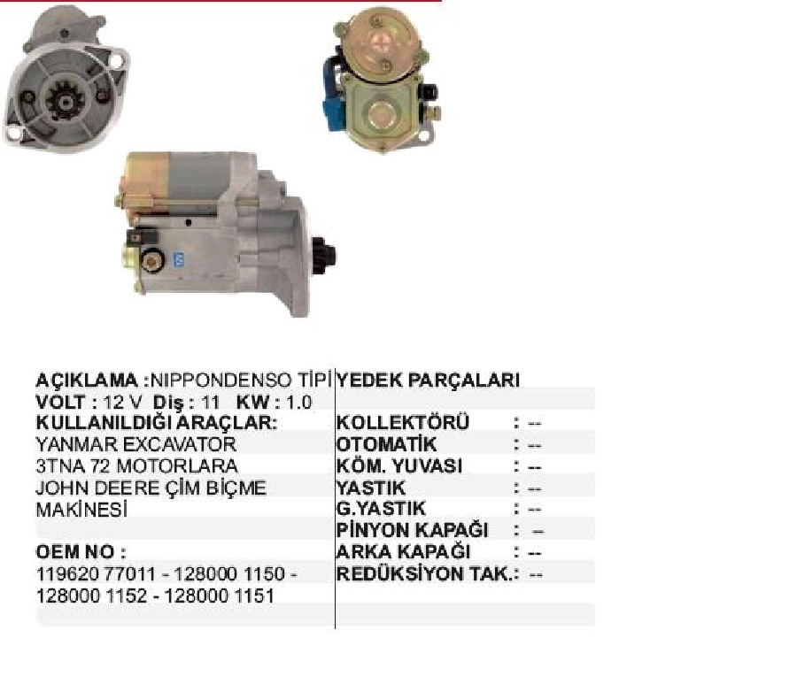 Marş Motoru 12V 11D 1,0 kW Denso Tipi Yanmar Excavator, Johndeere 3TNA72 Çim Biçme Mak | OEM STR4752
