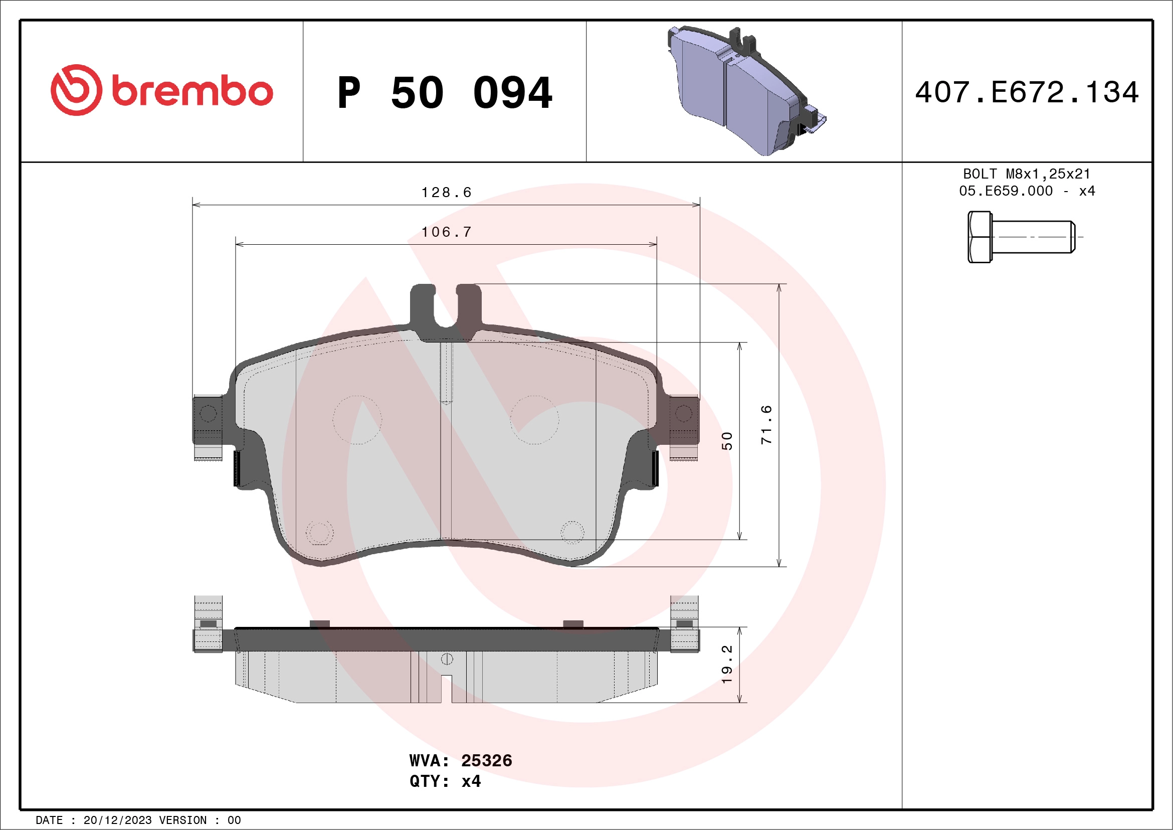 Fren Balatasi On W176 12>18 W246 11>18 C117 13>19 | BREMBO P50094 | OEM A0004202902