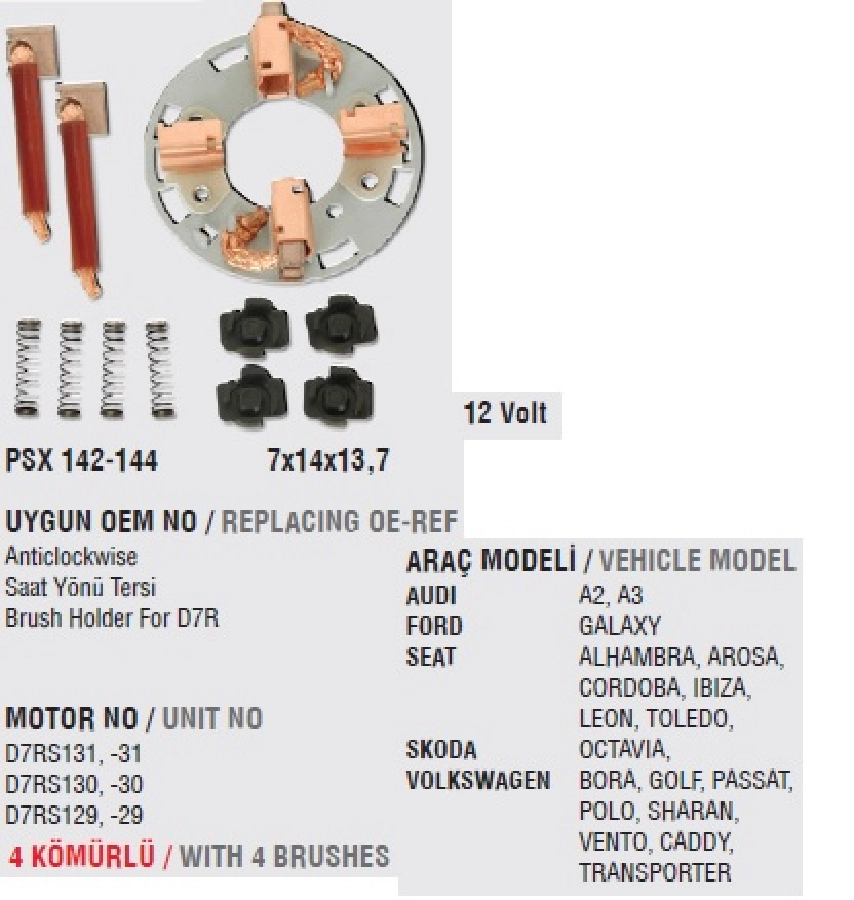 Marş Kömür Yuvası Valeo D7RS VW., Seat Ters Donuslu (Uygun Kömür:PSX142, 144) | OEM VA1441