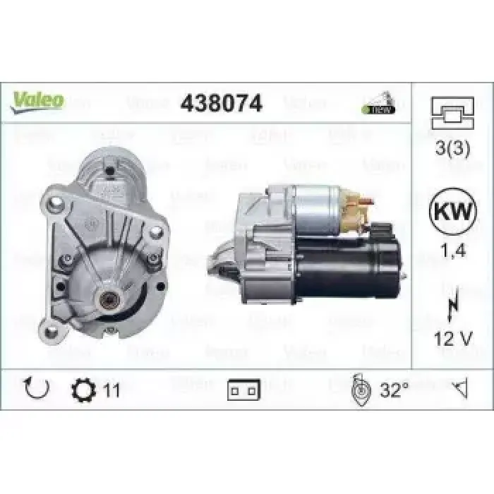 Mars Motoru 12V 11 Dis 1,4KW Renault Kango Clio II 1,9 96> | VALEO 438074 | OEM 7700102800 7700102800 7700106426 7700106763 7700106426 7700106763