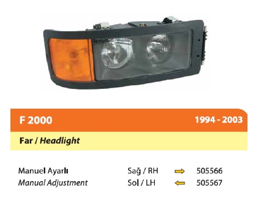 MAN 19.233-19.423 (F2000) Kamyon, Tır Far Sol ( 1994 ve sonrası ) E4 | OEM 505567