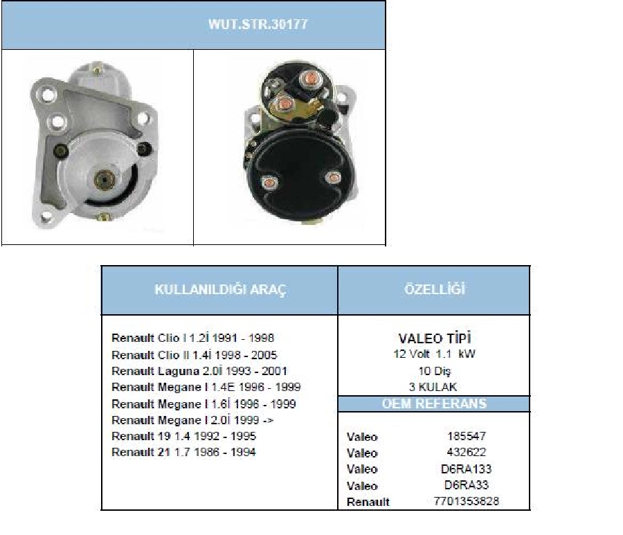 Marş Motoru 12V 1,2KW 10D. Valeo Tipi Renault Clio 1,2cc - Megane 1,6cc - Renault 19 - Laguna 2,0cc Renault 9 | OEM WUT.1107.0187