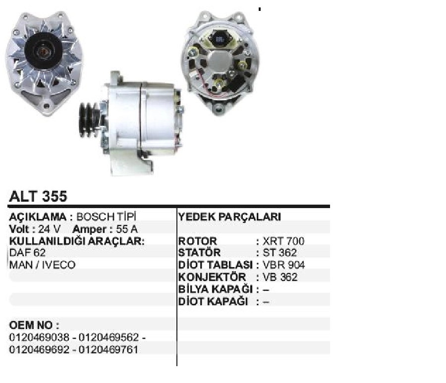 Alternatör 24V 55A Bosch Tipi Ford Cargo, Leyland, DAF 62, MAN, İveco V Üçlü Kasnak | OEM ALT355