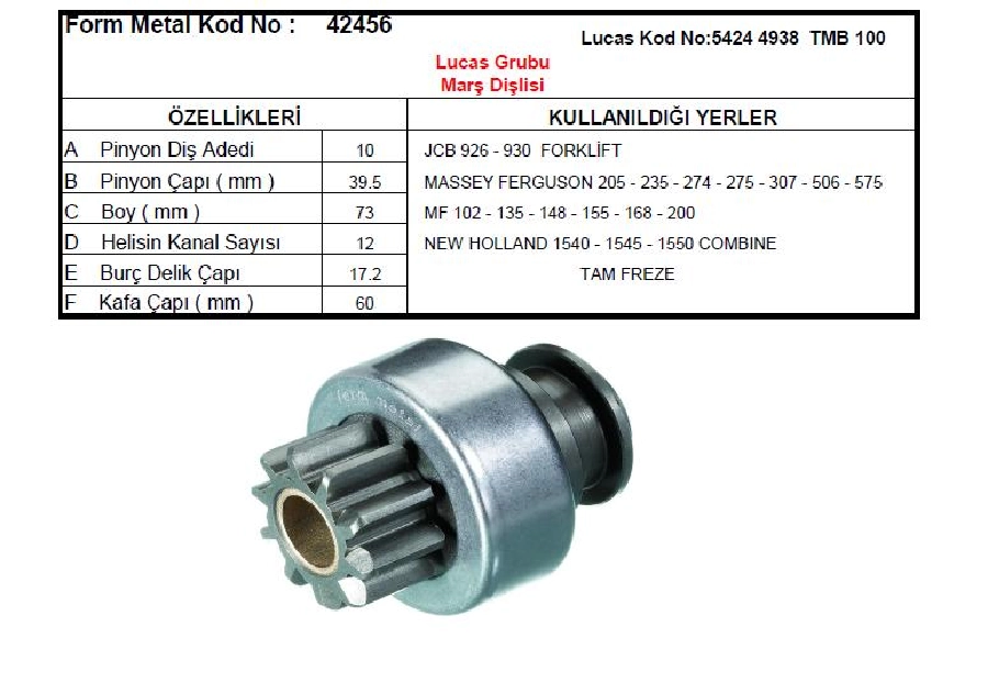 Marş Dişlisi 10D - Lucas Tipi Mf 205-235-275, Ford, BMC, Dodge, Jcb, New Holland | OEM 42456