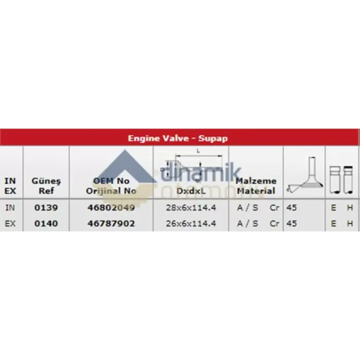 Subap Takimi Stilo 1,9JTD (In 8 / Ex 8) | GUNES 0139-0140 | OEM 46802049 46787902