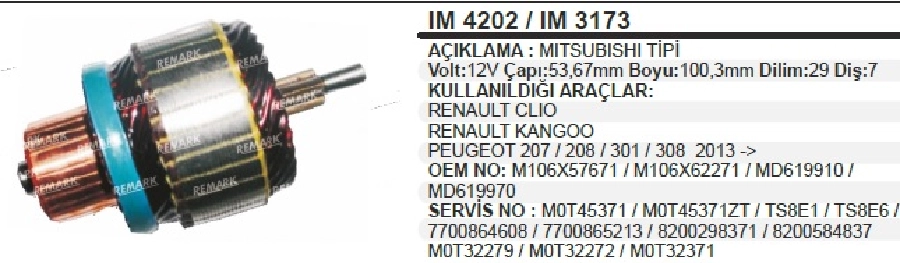 Marş Kollektörü 12V 7D. Mitsubishi Renault Clio, Kangoo ÇAP:53,67 BOY:100,3 Dilim:29 DİŞ:7 | OEM IM4202